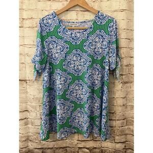 Buckhead Betties Top Womens Medium Tunic Blue Medallion Longer Length Stretch